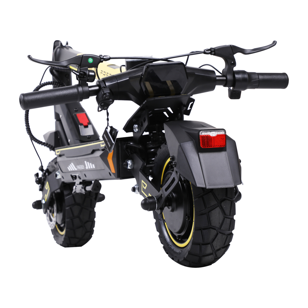 Wheely - H7 visto da dietro con manubrio, parafango posteriore con catadiottro rosso e pneumatici tassellati