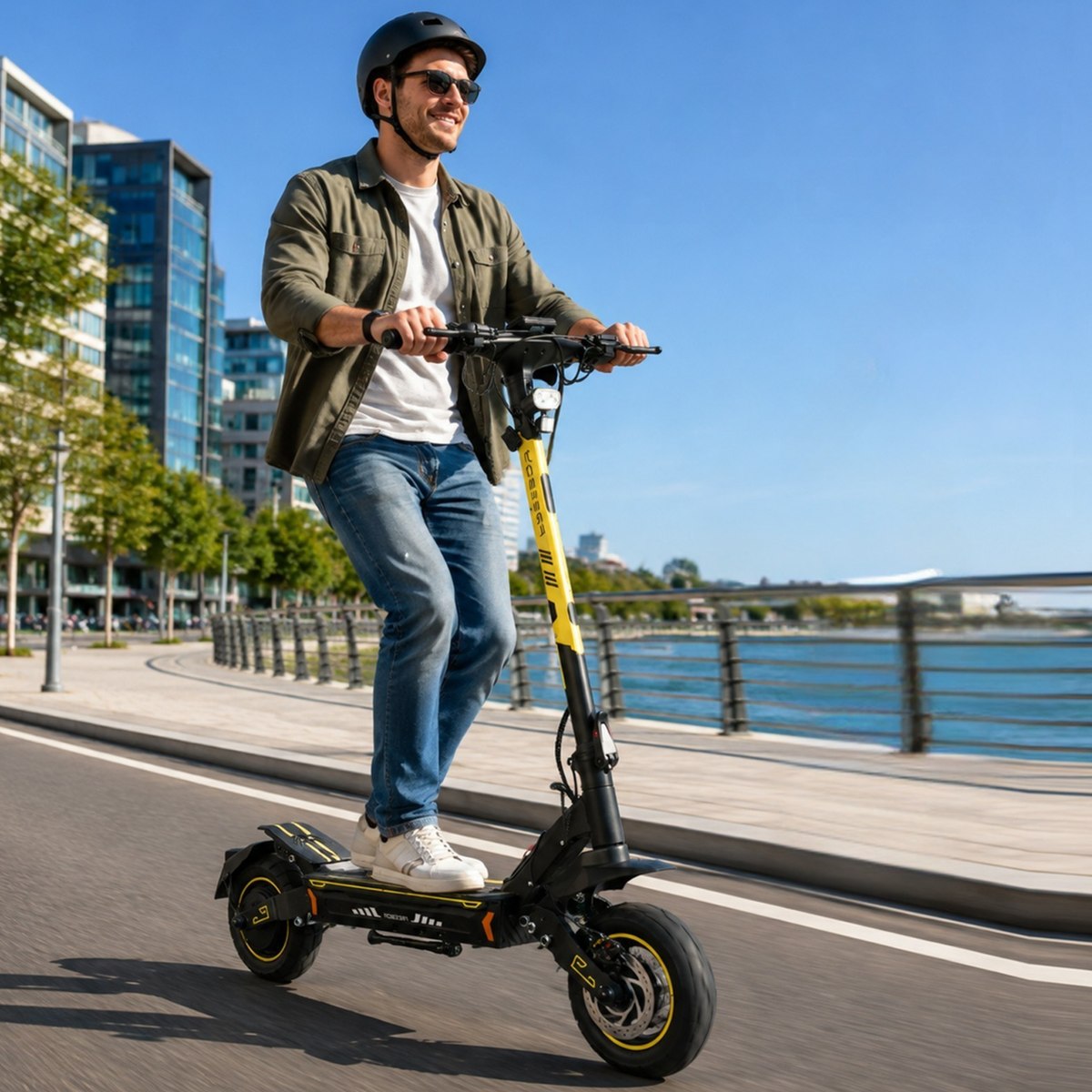 Uomo con casco in sella a un monopattino elettrico Wheely - H7 lungo una banchina sull'acqua