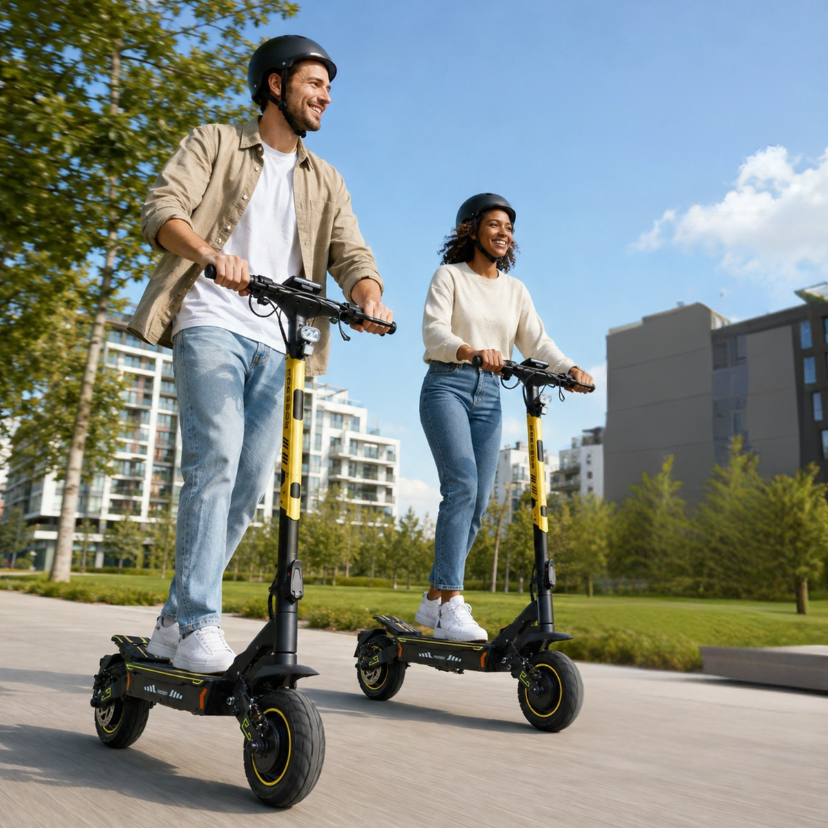 Wheely - H7: uomo e donna con casco su due monopattini elettrici neri e gialli in un parco