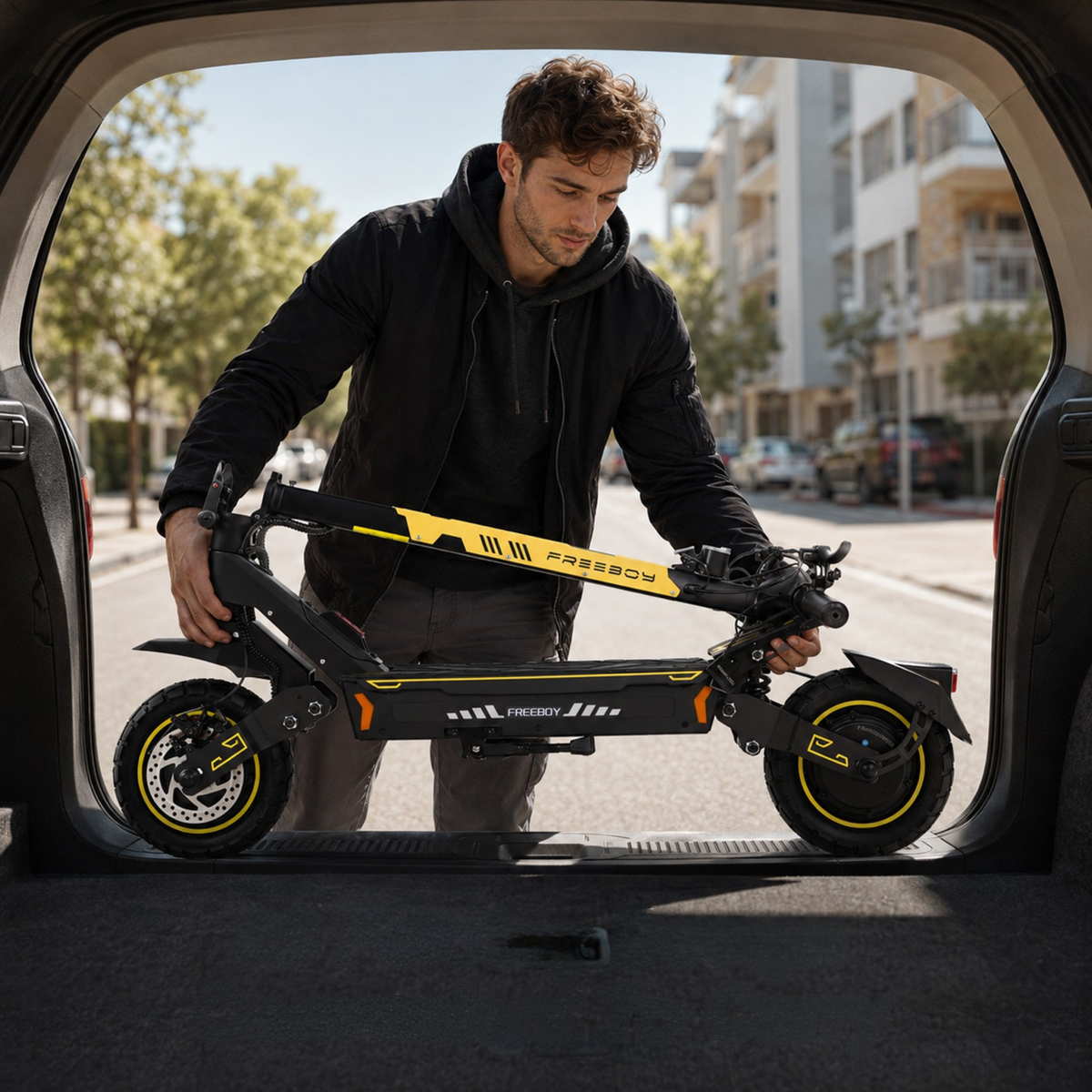 Uomo che solleva un monopattino elettrico nero e giallo ripiegato nel bagagliaio di un'auto, visto dall'interno dell'auto