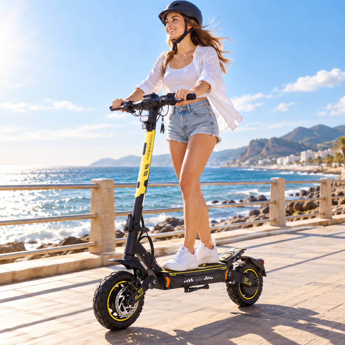 Donna con casco in sella a un Wheely - H7 su una passeggiata sul lungomare in una giornata di sole