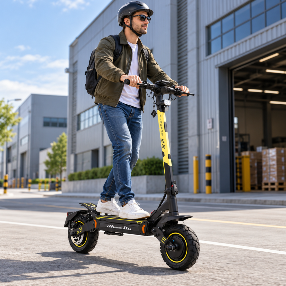 Uomo con casco e occhiali da sole in sella a un Wheely - H7 su una strada davanti a un edificio industriale