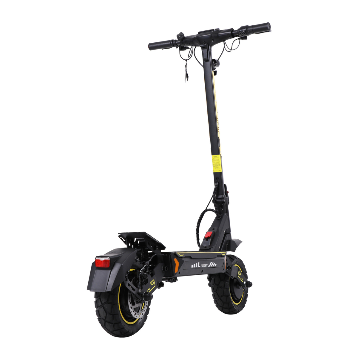 Monopattino elettrico Wheely - H7 visto di tre quarti da dietro con ruota posteriore, freno a disco, parafango e dettagli gialli