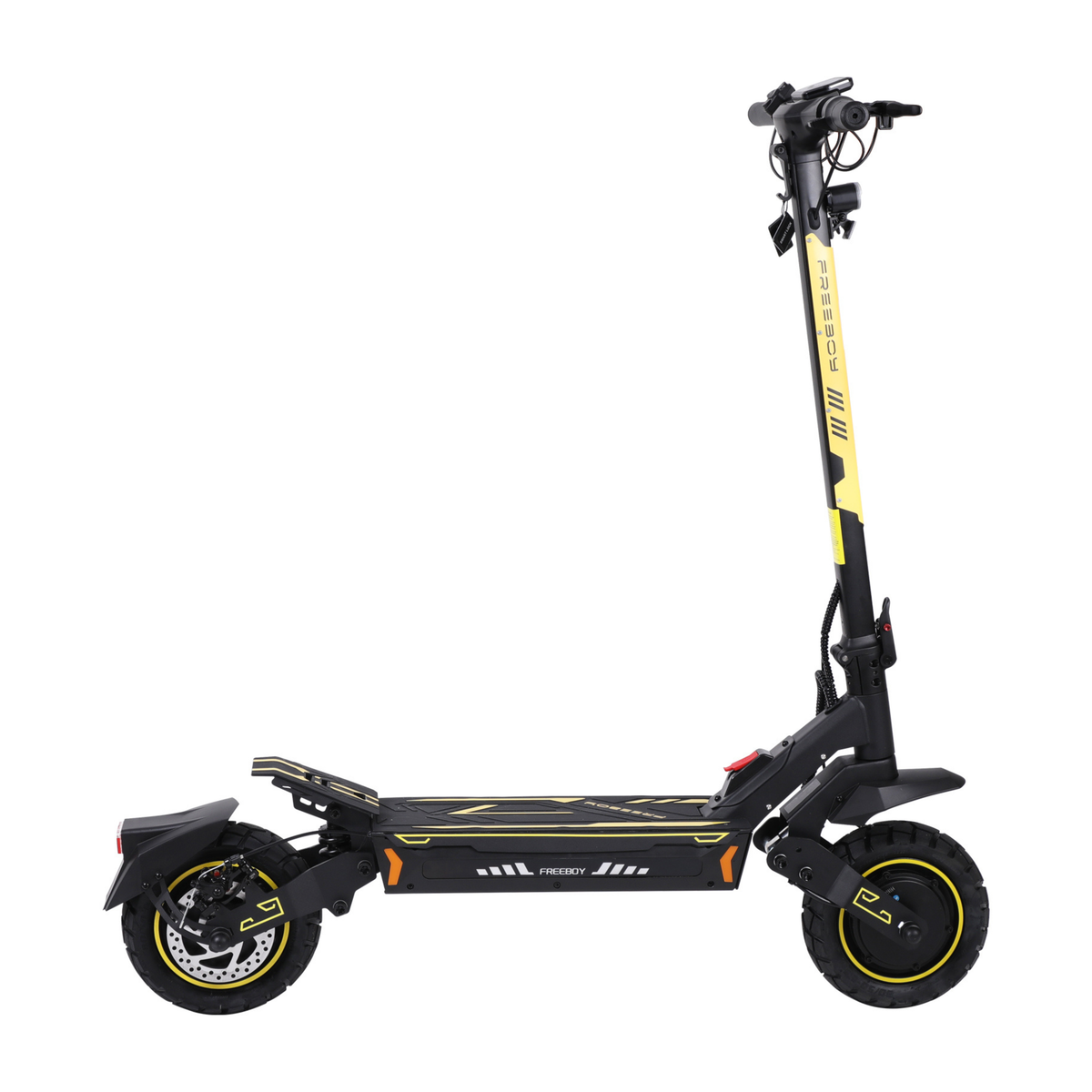 Monopattino elettrico nero e giallo con la scritta FREEBOY visto di lato, con due pneumatici e pedana