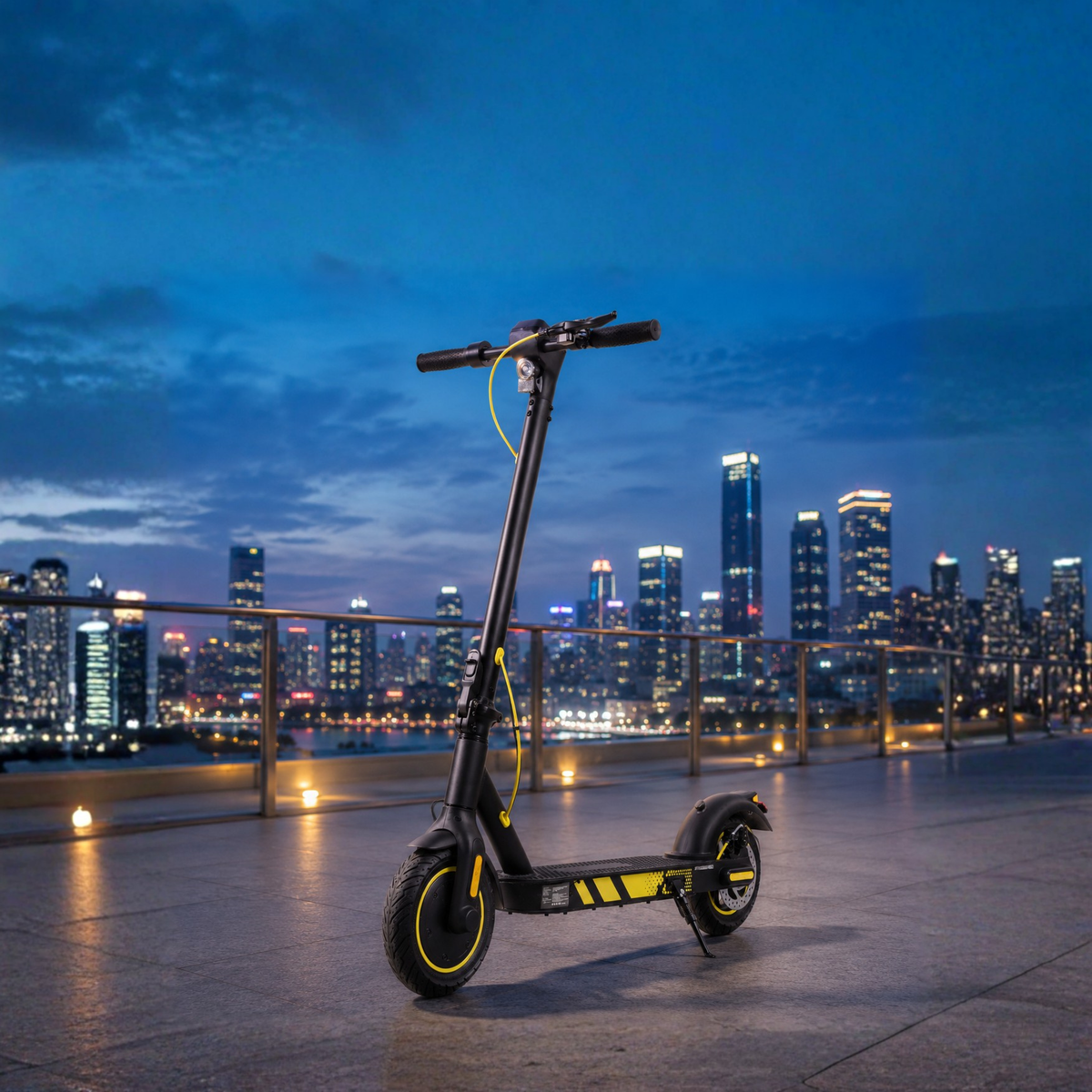 Monopattino elettrico Wheely J04 visto di tre quarti in un ambiente serale