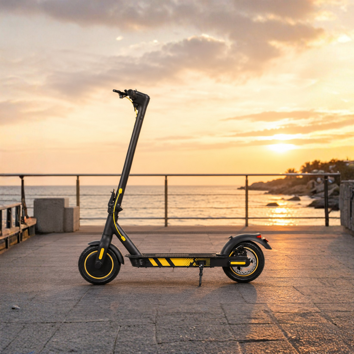 Monopattino elettrico Wheely J04 visto di tre quarti al tramonto