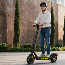 Uomo in piedi con il monopattino elettrico Wheely J04 in città