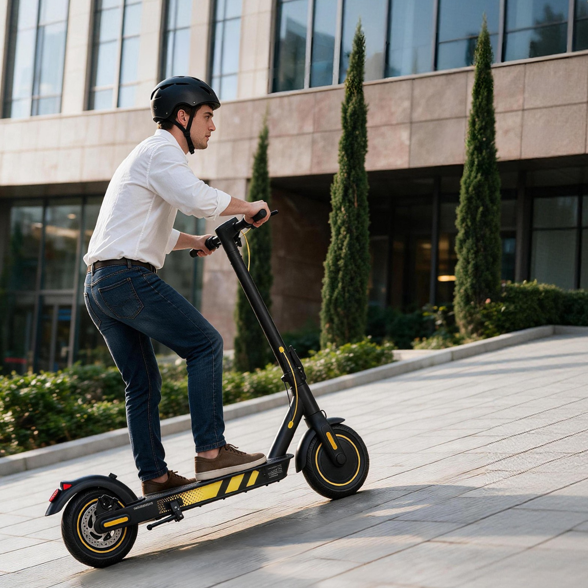 Uomo alla guida del monopattino elettrico Wheely J04 in città
