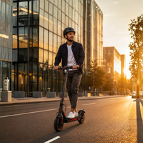 Uomo alla guida del monopattino elettrico Wheely J04 in città