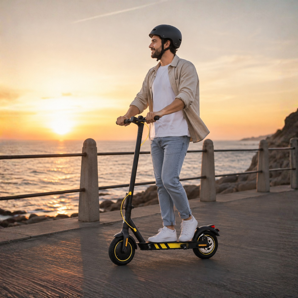 Uomo in piedi con il monopattino elettrico Wheely J04 al tramonto