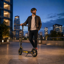 Uomo in piedi con il monopattino elettrico Wheely J04 in un ambiente serale