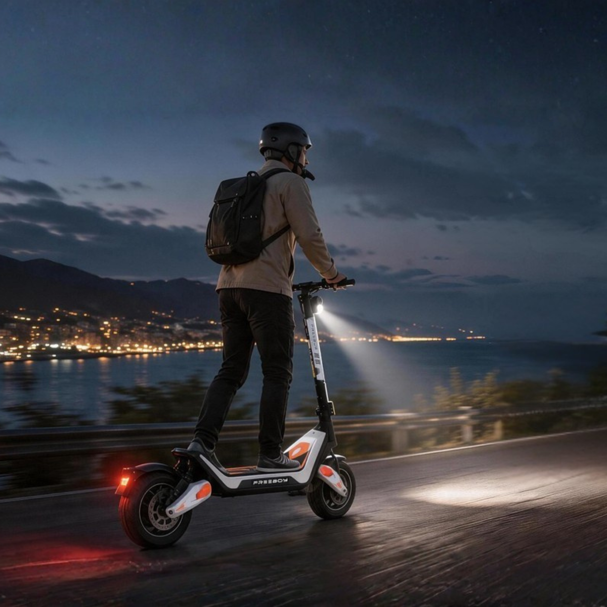 Persona con casco e zaino in sella a Wheely - J18 su una strada costiera al crepuscolo con faro acceso