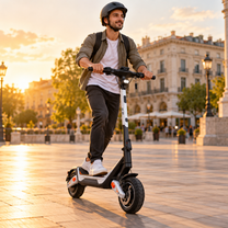 Persona sorridente con casco in sella a Wheely - J18 su una piazza lastricata al tramonto