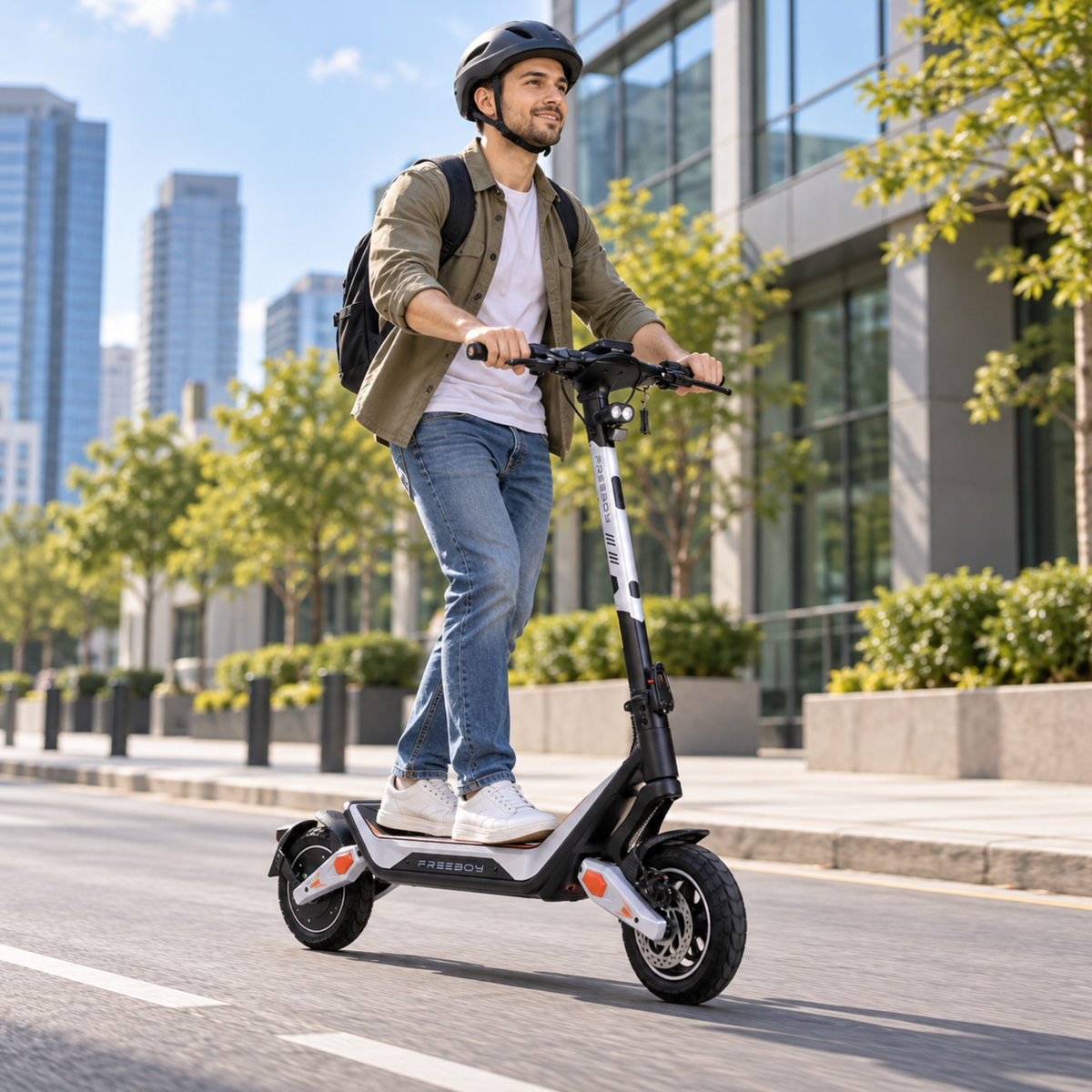 Uomo con casco in sella a Wheely - J18 su una strada cittadina con edifici e alberi