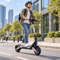 Uomo con casco in sella a Wheely - J18 su una strada cittadina con edifici e alberi