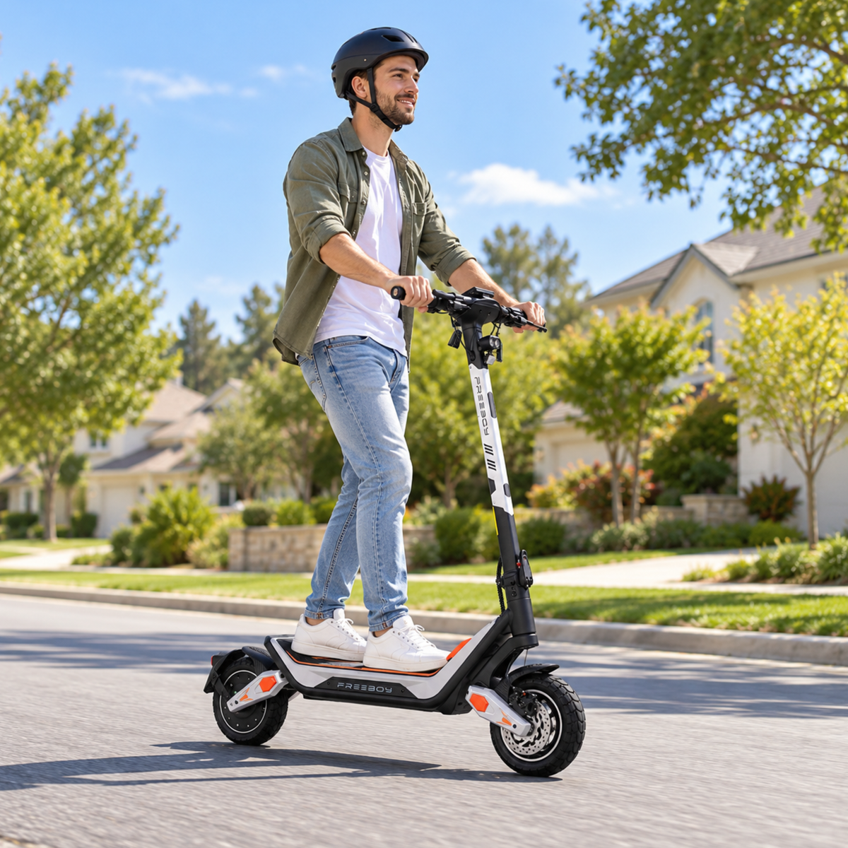 Uomo con casco in sella a Wheely - J18 lungo una strada residenziale con alberi e case