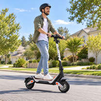 Uomo con casco in sella a Wheely - J18 lungo una strada residenziale con alberi e case
