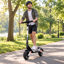 Uomo con casco in sella a Wheely - J18 su un viale del parco tra alberi ed erba