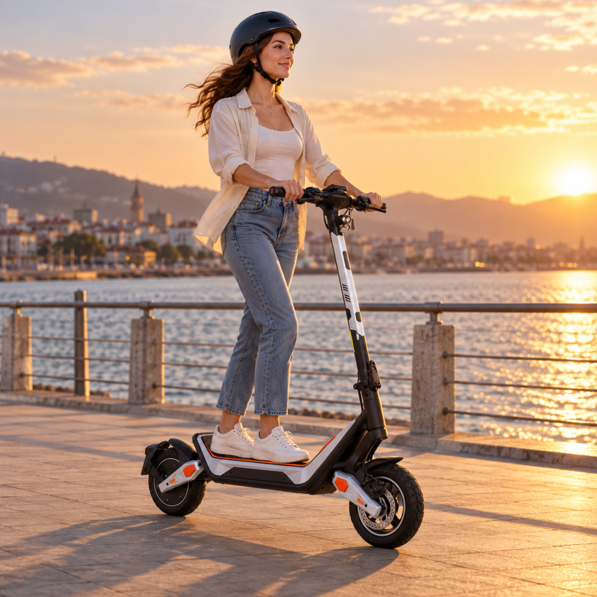 Wheely - J18 monopattino elettrico con conducente con casco su una banchina sull'acqua al tramonto