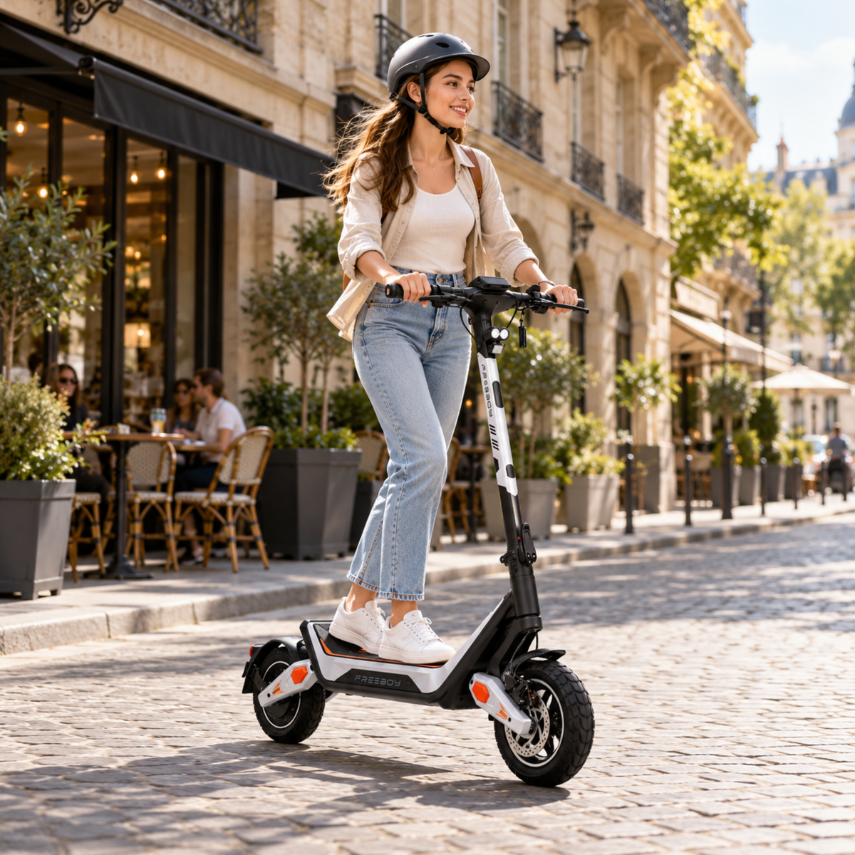 Wheely - J18 monopattino elettrico con conducente sorridente con casco su una strada acciottolata vicino a un caffè