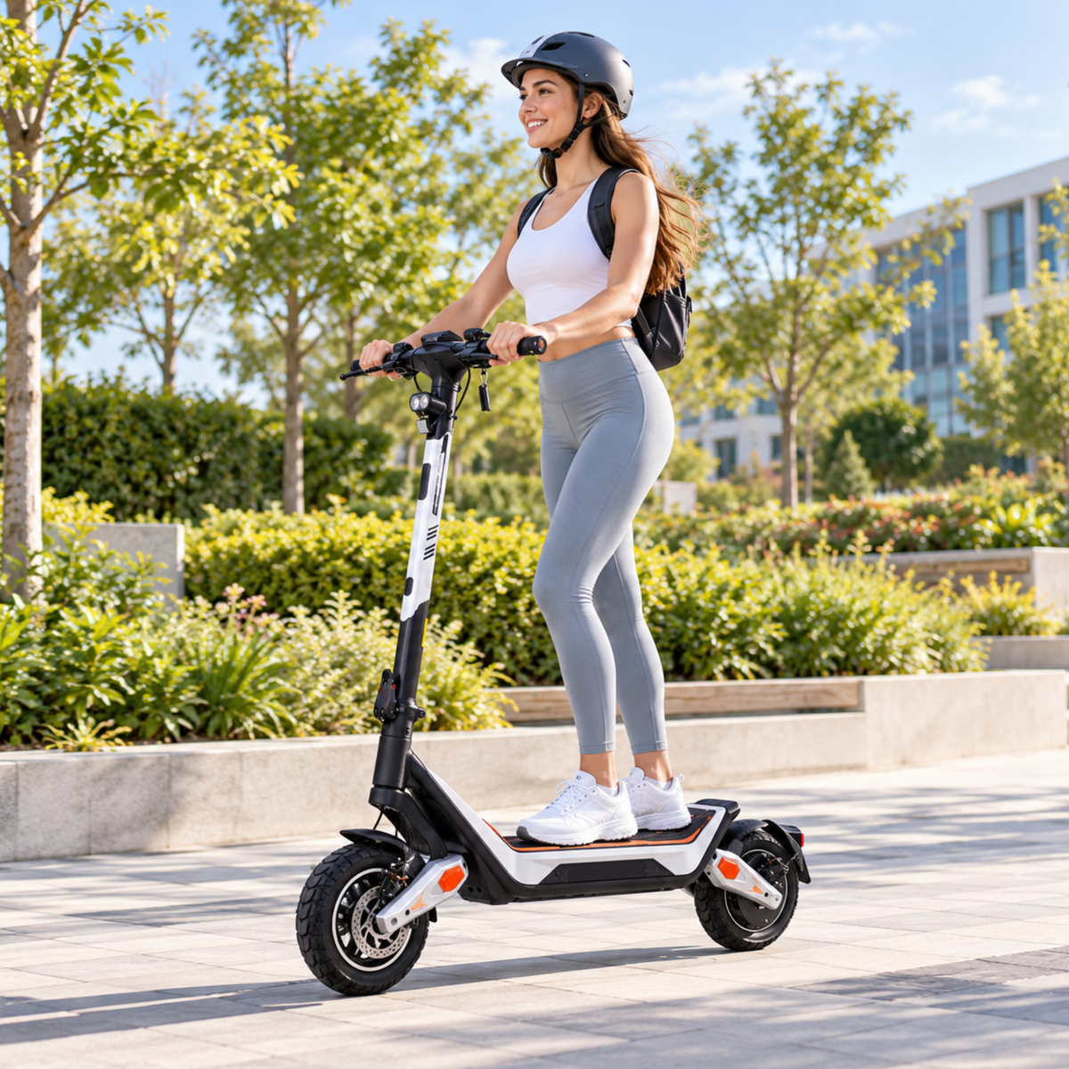 Wheely - J18 monopattino elettrico con conducente con casco e zaino in un rigoglioso parco cittadino