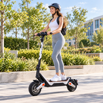 Wheely - J18 monopattino elettrico con conducente con casco e zaino in un rigoglioso parco cittadino