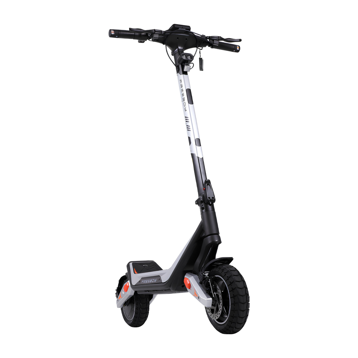 Wheely - J18 monopattino elettrico visto di tre quarti anteriore con manubrio, faro e ruota anteriore
