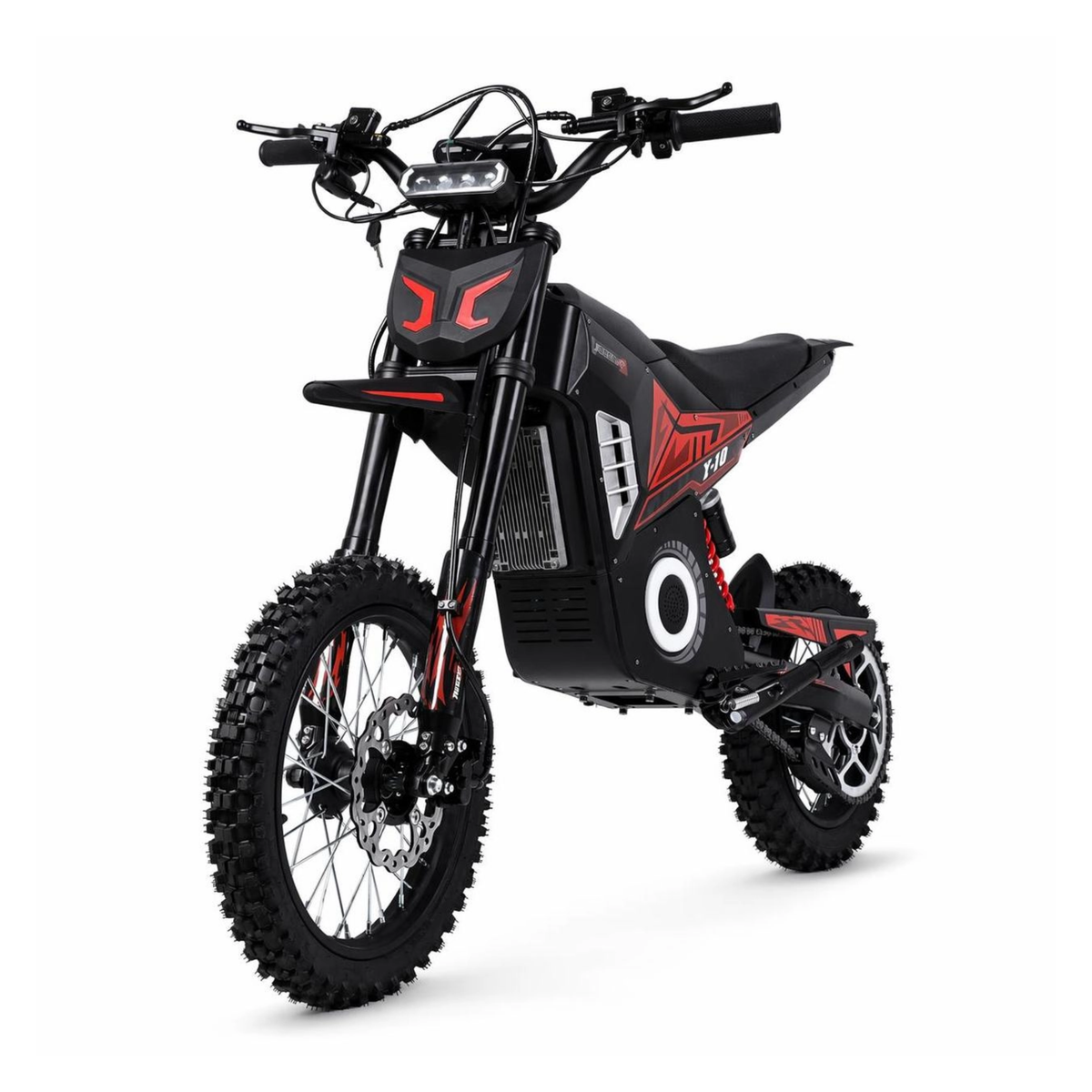 Wheely - Y10 moto elettrica vista di tre quarti anteriore con faro anteriore, dettagli rossi e pneumatici off-road