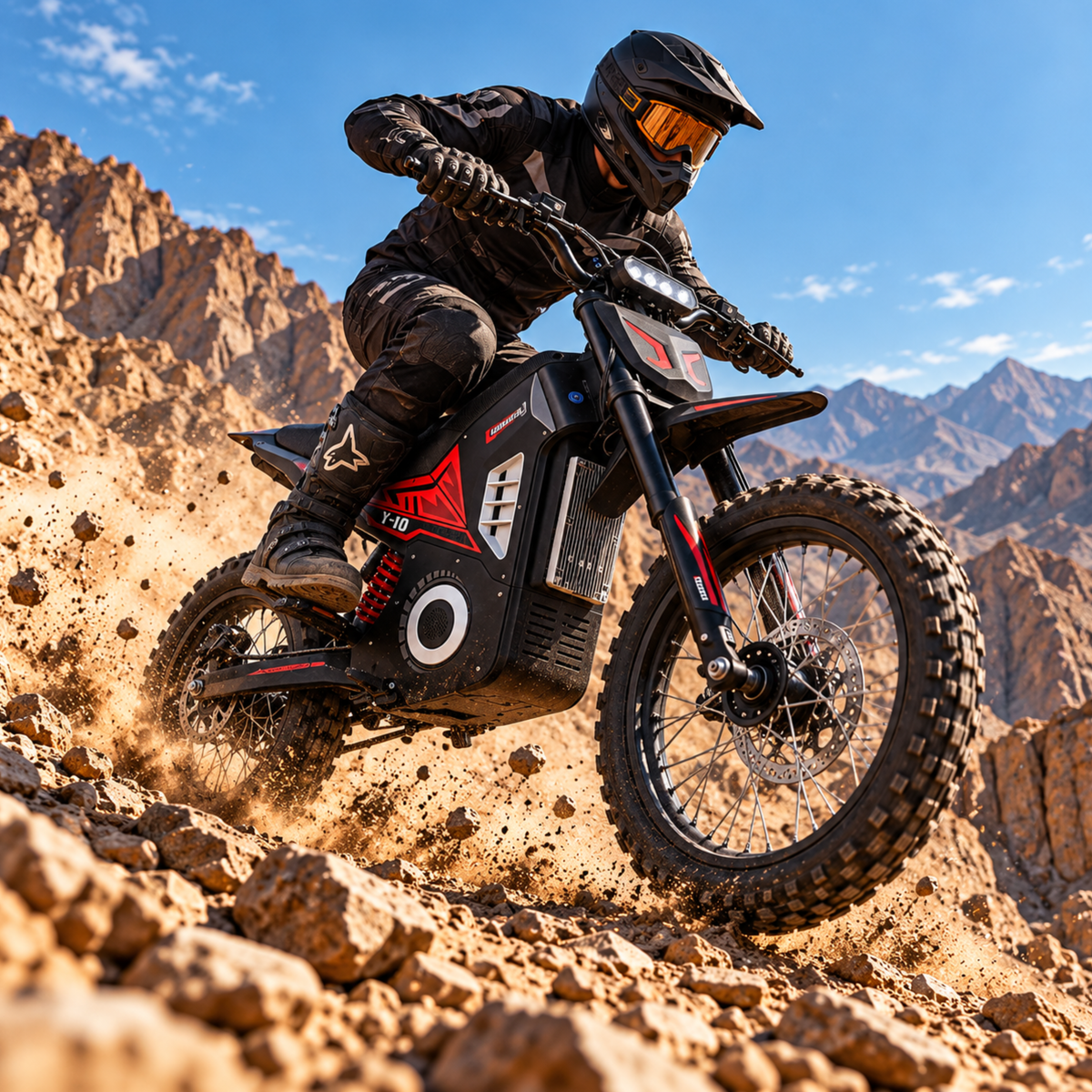 Wheely - Y10 guidata da un pilota con casco su terreno montuoso roccioso con nuvola di polvere