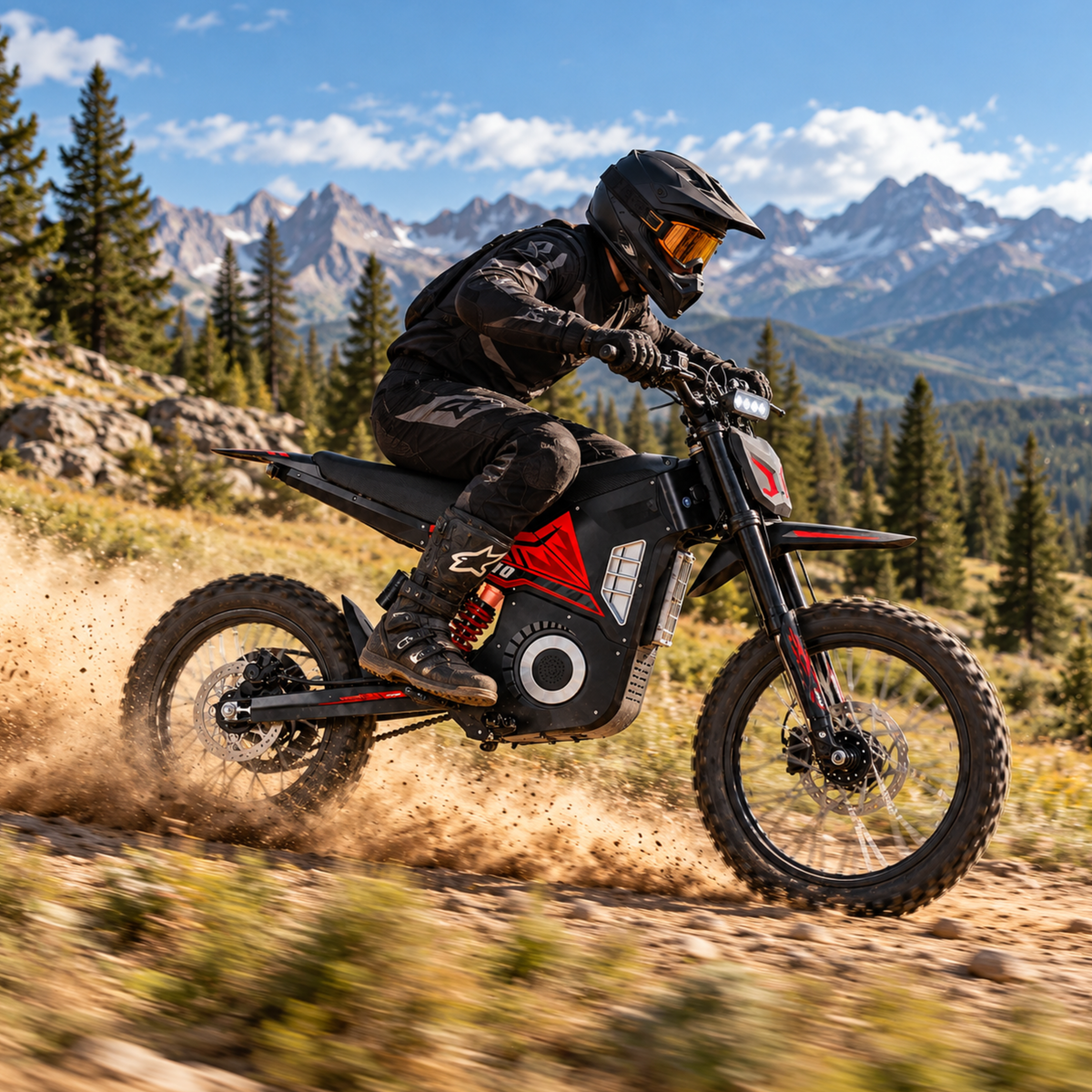 Wheely - Y10 di profilo con pilota su una strada sterrata, conifere e montagne sullo sfondo