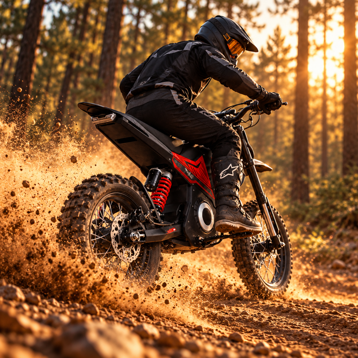 Pilota su Wheely - Y10 in velocità su un sentiero nel bosco con polvere sollevata al sole della sera