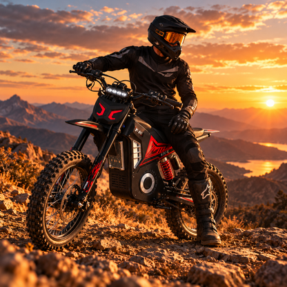 Pilota seduto su Wheely - Y10 su terreno roccioso con tramonto e montagne sullo sfondo