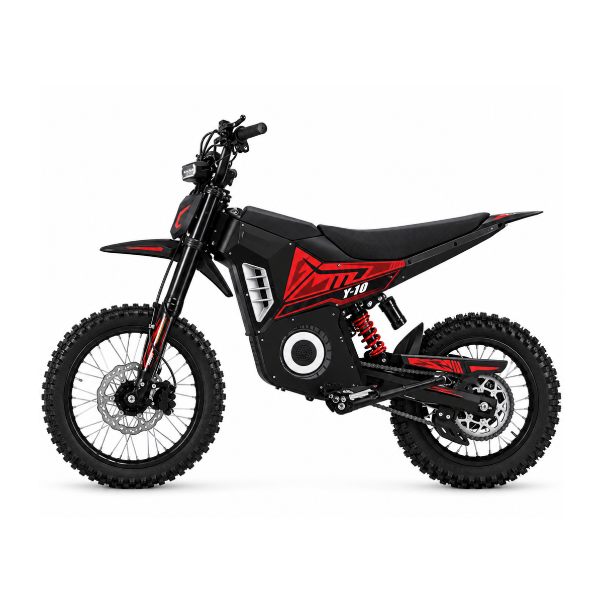Wheely - Y10 moto elettrica di profilo con carena nera e rossa, ammortizzatore posteriore rosso e ruote a raggi