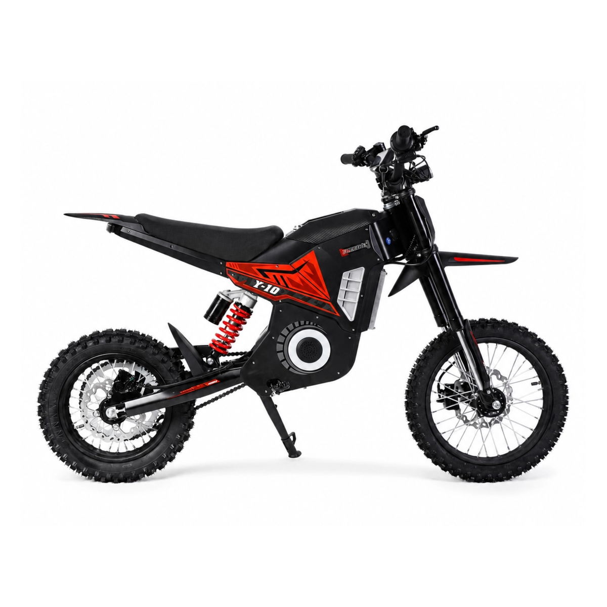 Wheely - Y10 vista di lato, moto da cross nera e rossa con pneumatici off-road e ammortizzatore posteriore rosso