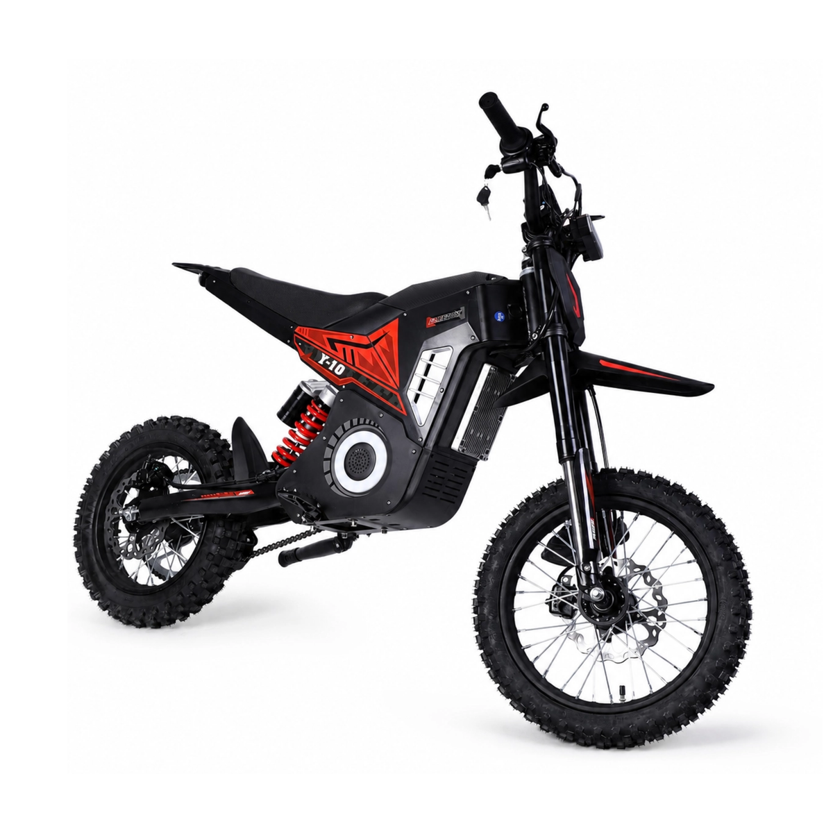 Wheely - Y10 vista di tre quarti anteriore con manubrio, forcella anteriore, freno a disco e pneumatico off-road