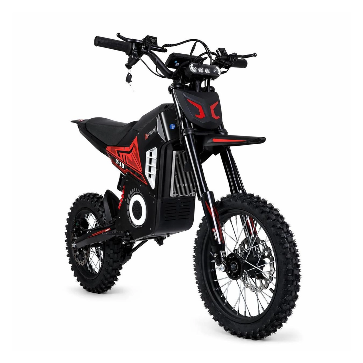 Wheely - Y10 moto elettrica vista di tre quarti anteriore da destra con manubrio, faro anteriore e ruota anteriore a raggi