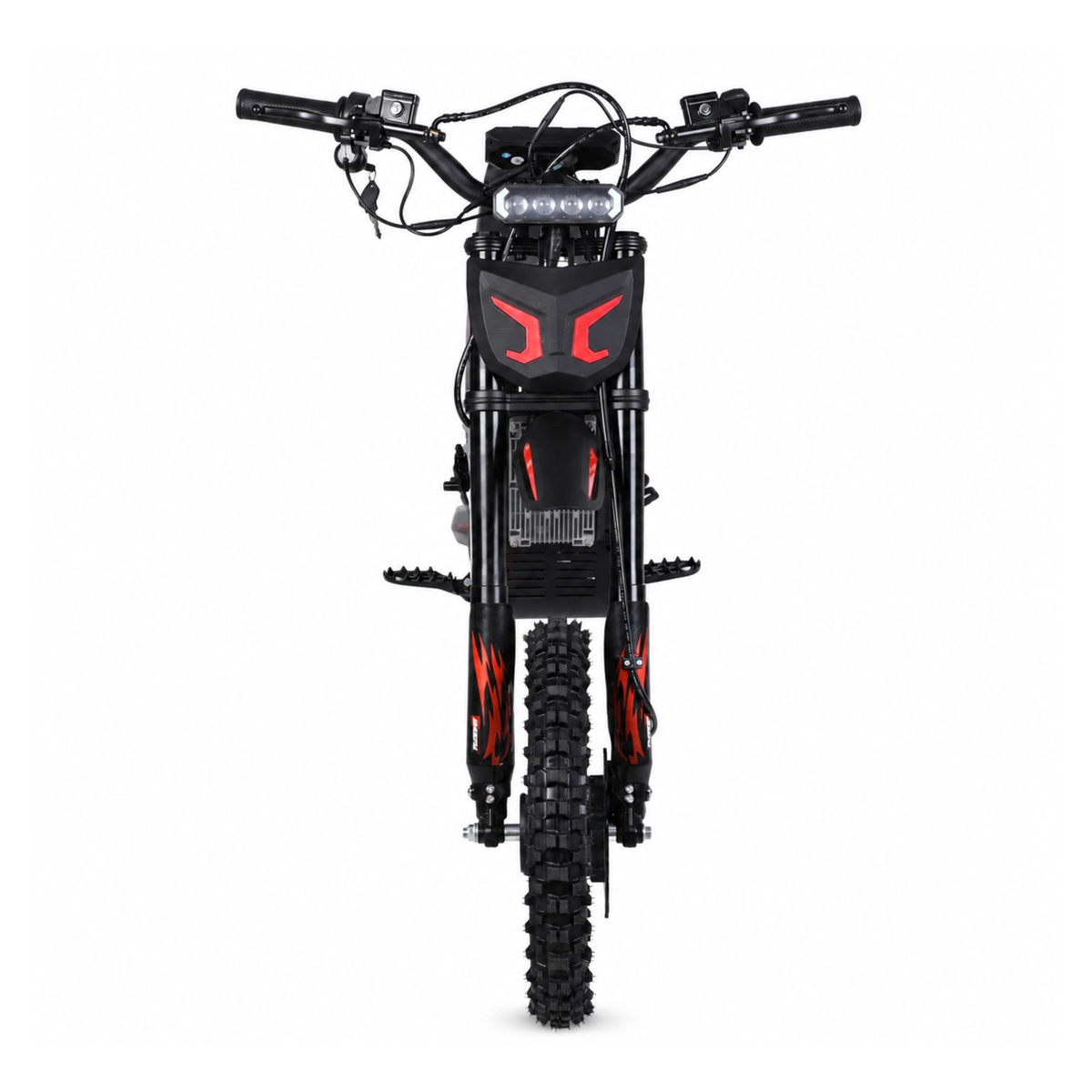 Wheely - Y10 vista frontale con manubrio, faro anteriore, dettagli rossi, forcella anteriore e pneumatico off-road