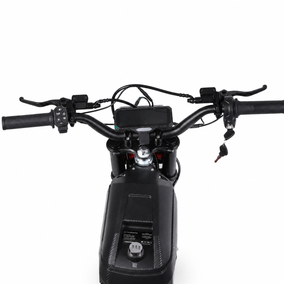 Wheely - Y10 vista dall'alto con manubrio, display, leva del freno, chiave e carena nera