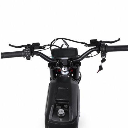 Wheely - Y10 vista dall'alto con manubrio, display, leva del freno, chiave e carena nera