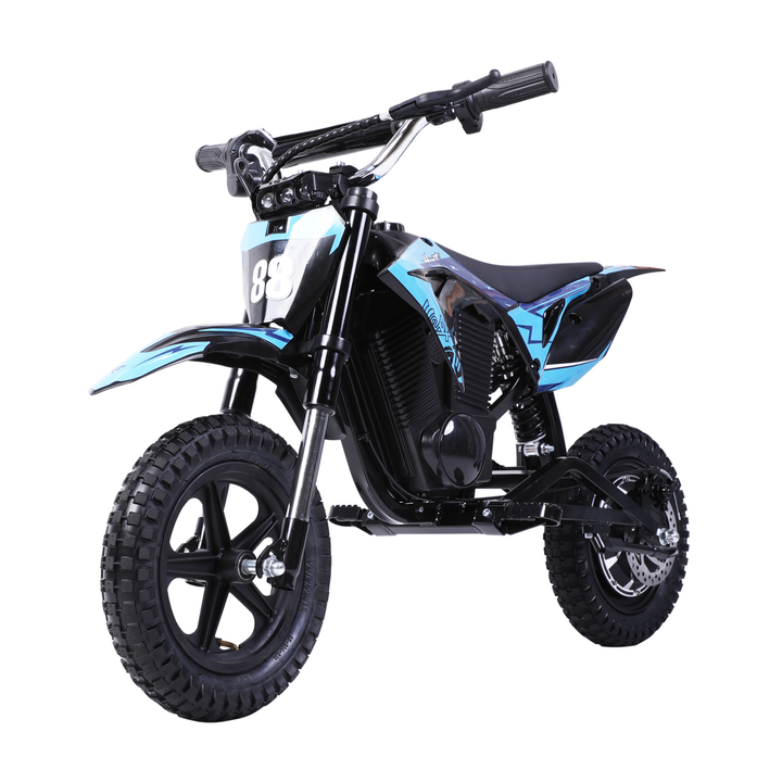 Wheely - Y3 moto elettrica blu e nera, vista di tre quarti anteriore con numero di gara 88 e pneumatici tassellati