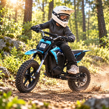 Wheely - Y3 guidata da un bambino con casco su un sentiero nel bosco alla luce del sole