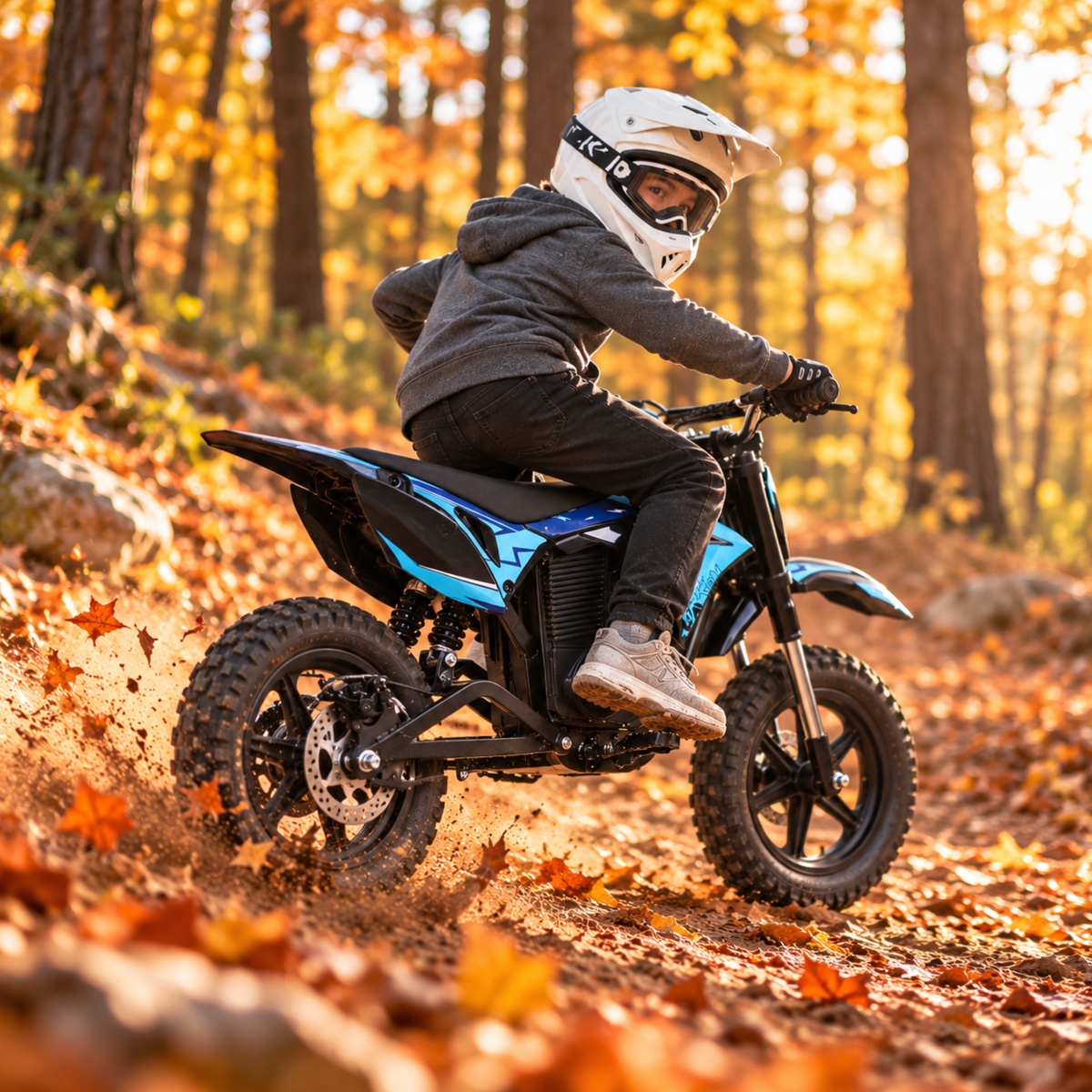 Wheely - Y3 vista di lato con pilota su un sentiero nel bosco tra foglie autunnali
