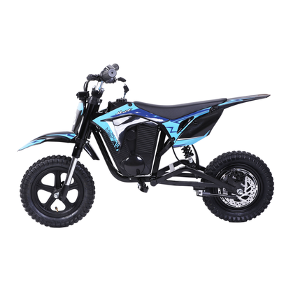 Wheely - Y3 moto elettrica vista di lato con carene blu e nere, sella, ammortizzatore posteriore e disco freno posteriore
