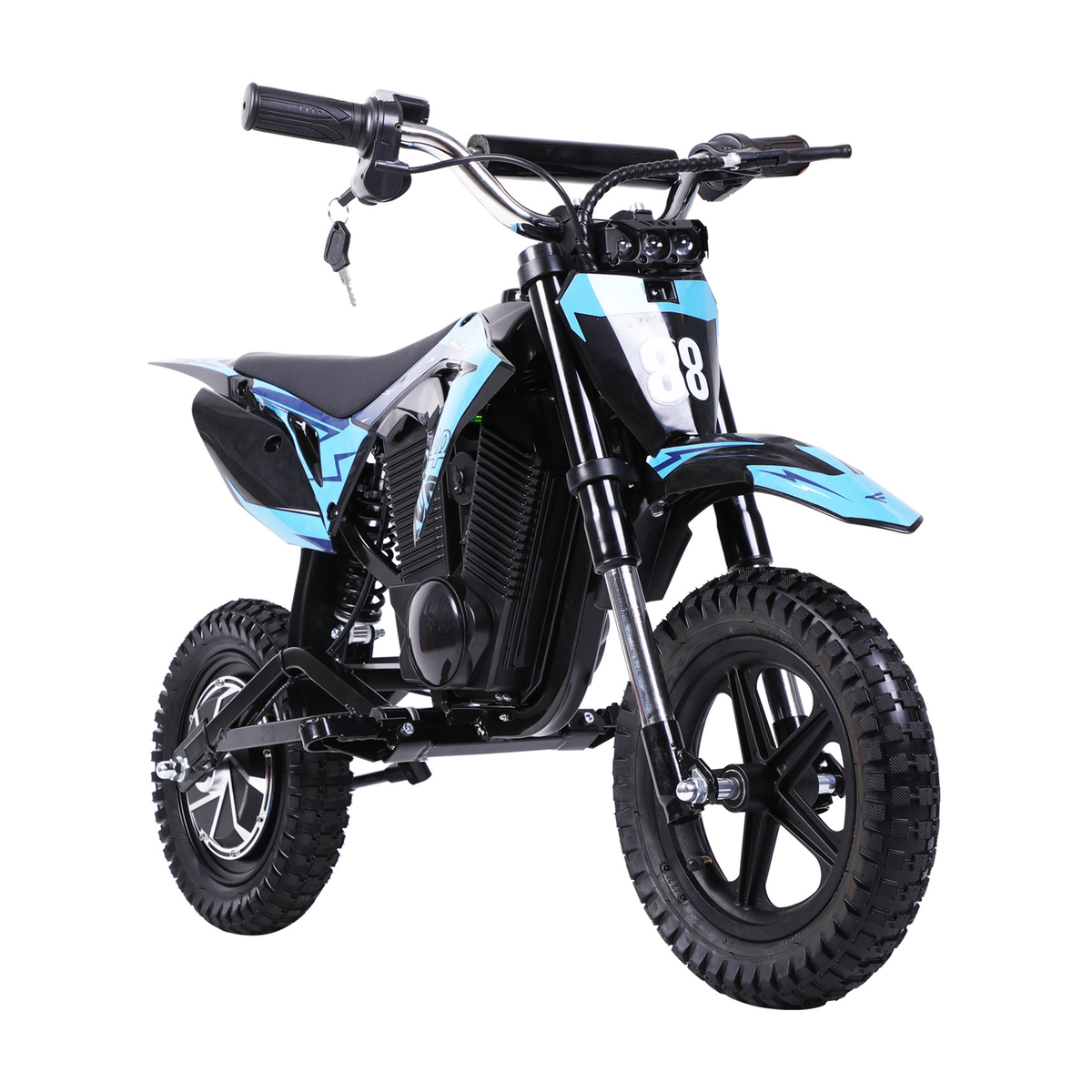 Wheely - Y3 moto elettrica nera e blu, vista frontale in angolazione, con numero di gara 88