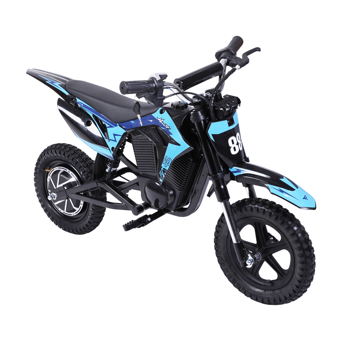 Wheely - Y3 moto elettrica nera e blu, vista di tre quarti anteriore da sinistra, con sella, manubrio e pneumatici tassellati