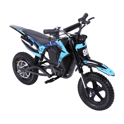 Wheely - Y3 moto elettrica nera e blu, vista di tre quarti anteriore da sinistra, con sella, manubrio e pneumatici tassellati