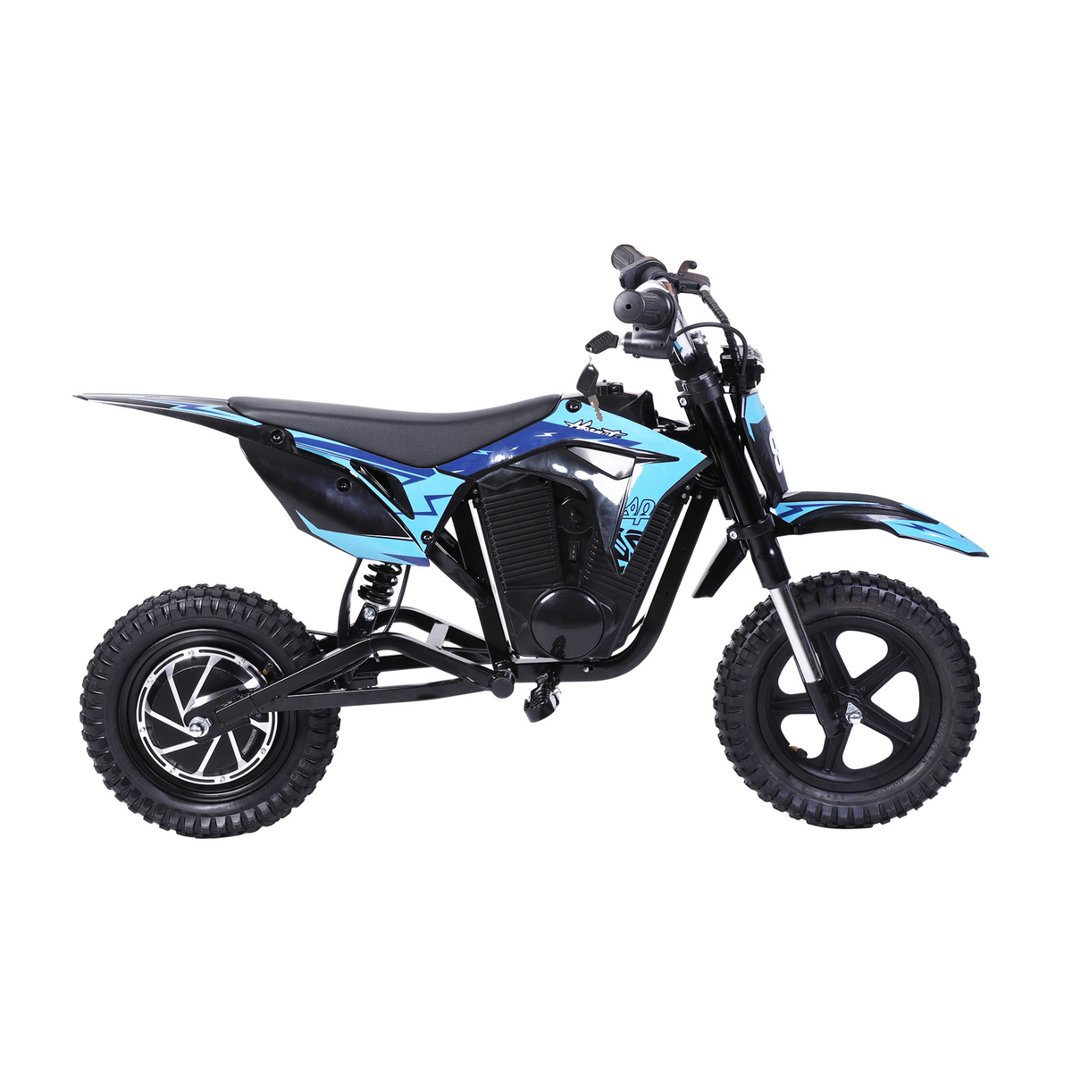 Wheely - Y3 moto elettrica nera e blu, vista laterale con sella, telaio e pneumatici tassellati
