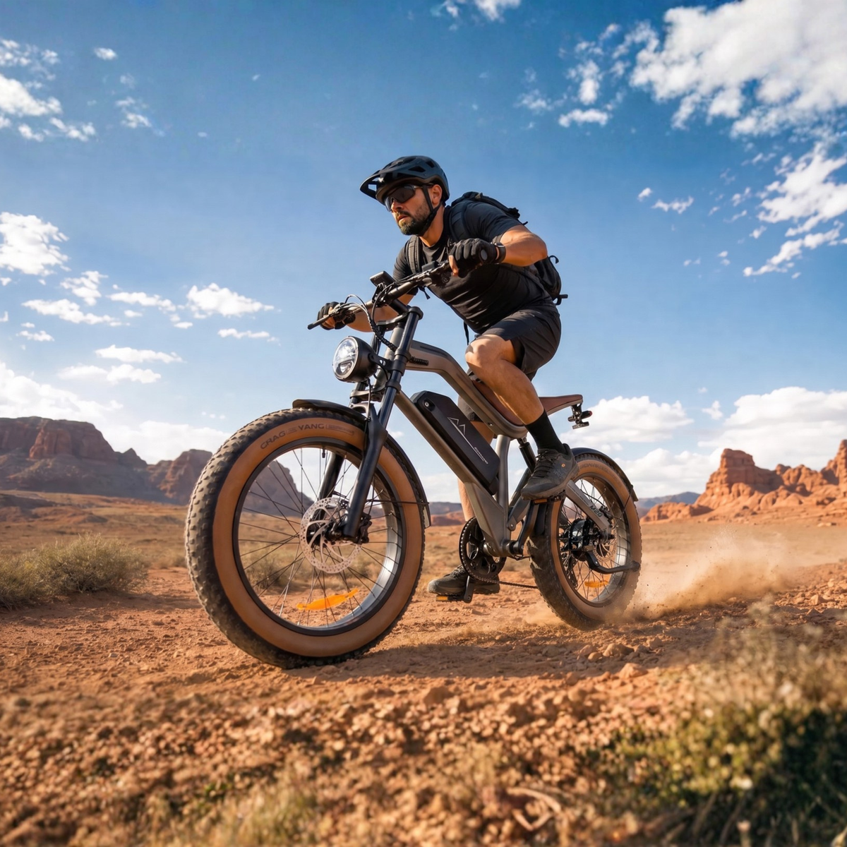 Uomo alla guida della fat bike elettrica ZONVEER M20 nel deserto