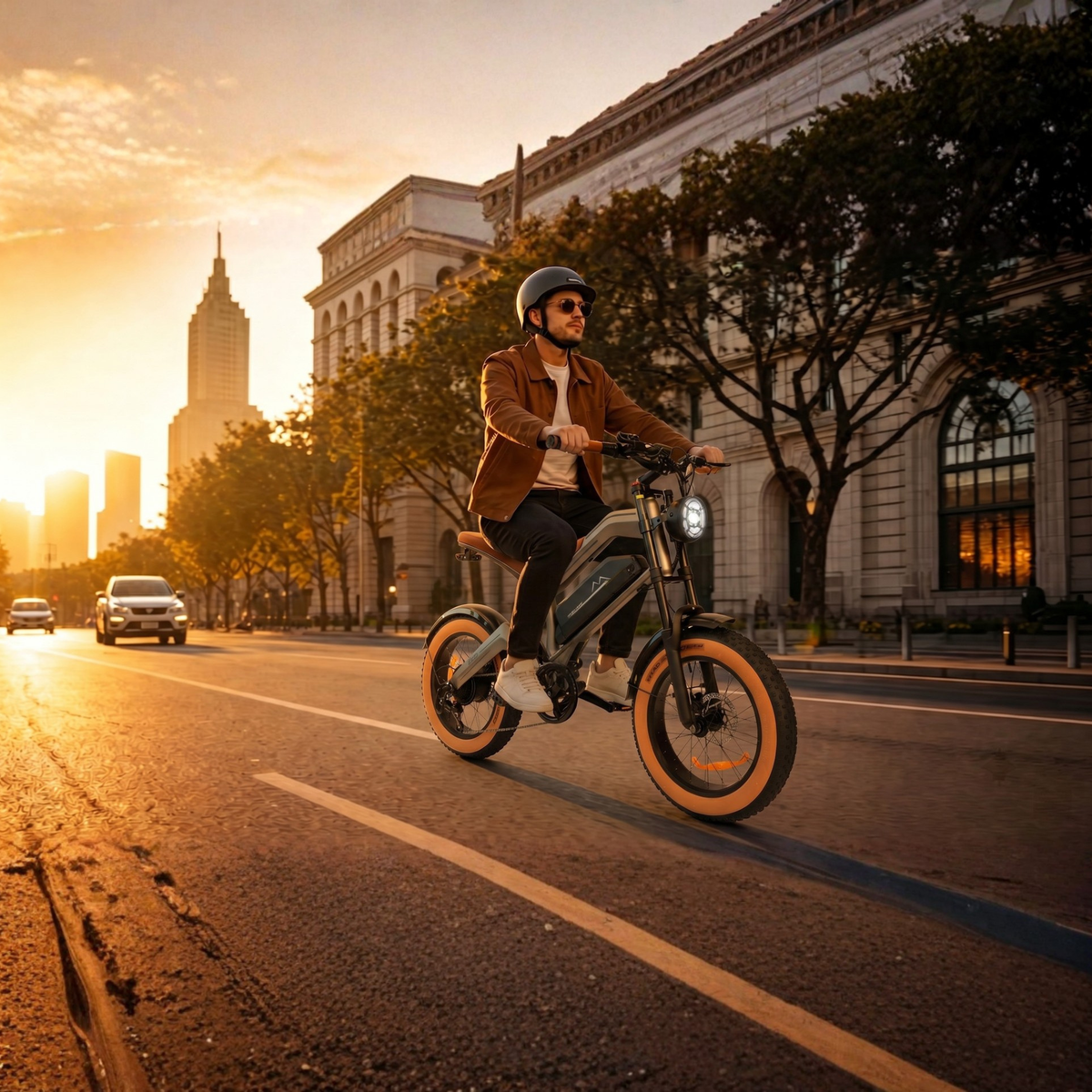 Uomo alla guida della fat bike elettrica ZONVEER M20 in città al tramonto