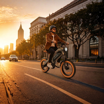 Uomo alla guida della fat bike elettrica ZONVEER M20 in città al tramonto